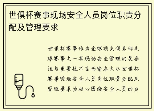 世俱杯赛事现场安全人员岗位职责分配及管理要求