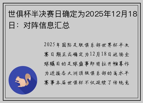 世俱杯半决赛日确定为2025年12月18日：对阵信息汇总